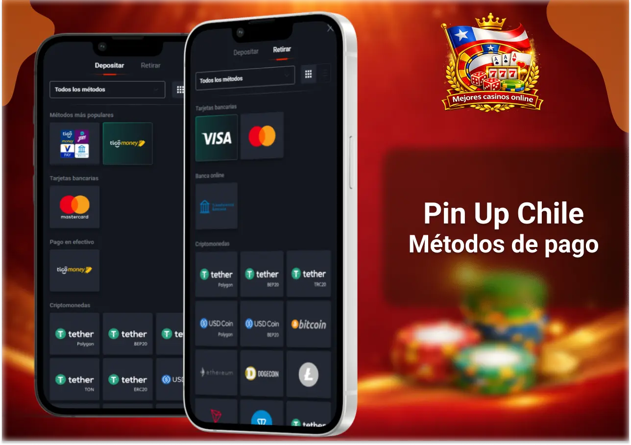 Métodos de pago en Pin Up Chile con tarjetas bancarias, criptomonedas y opciones locales
